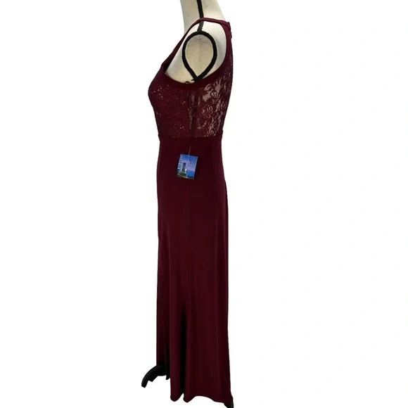 Nightway Sleeveless Halter Neck Sequin Lace Maxi Dress - Merlot Red - size 4P - Picture 6 of 12